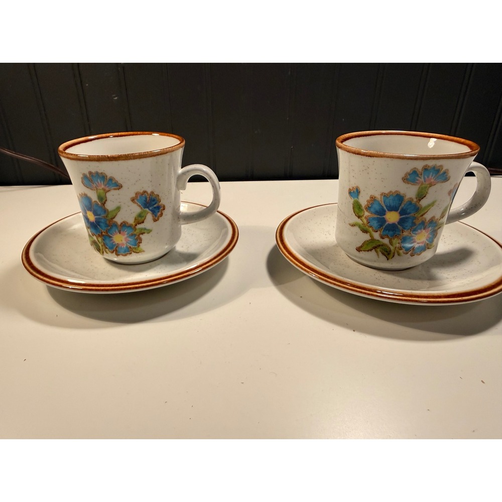 Mikasa Natural Beauty Cornflower C9007 Cup Saucer Set of 2 Blue Floral Stoneware
